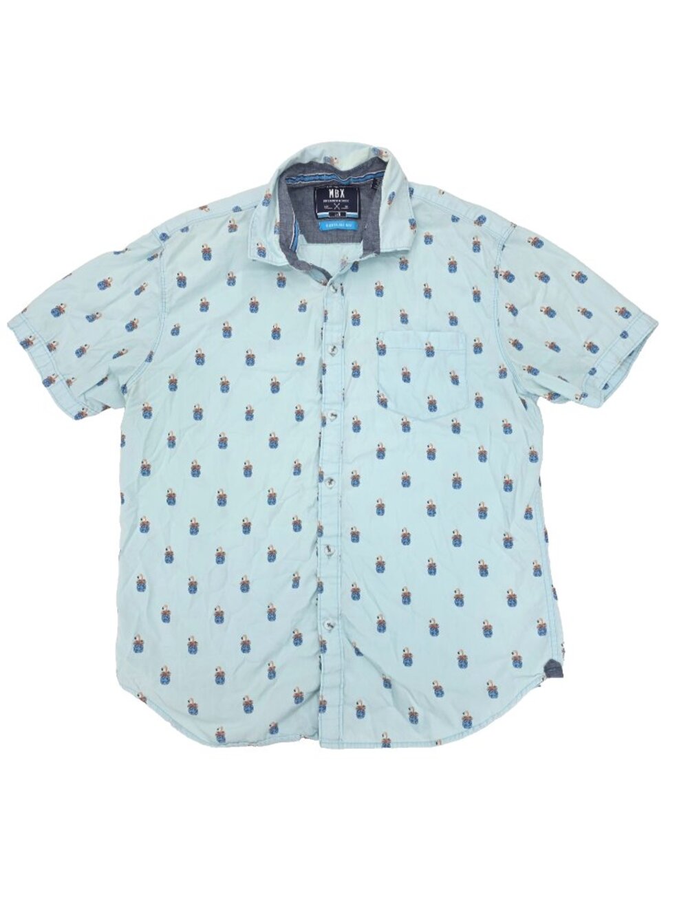 MBX Premium Goods Siesta All Day Button Shirt Mens Large Blue Pineapple Flamingo